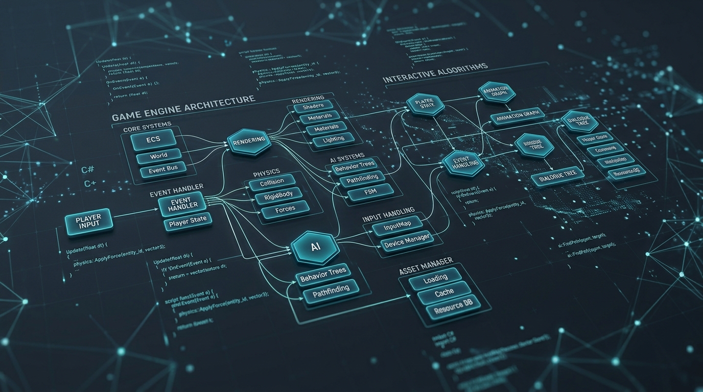 Systemic node graph and structural game engine mechanics visualization
